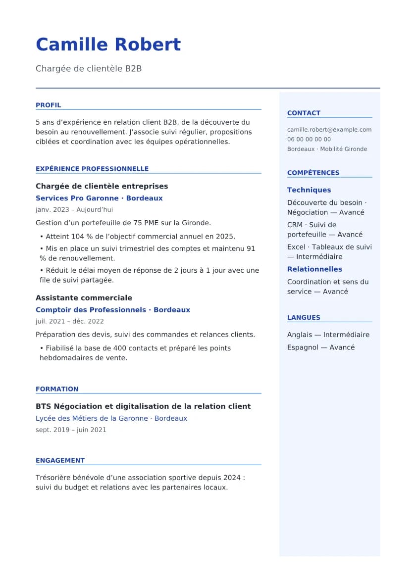 Première page du CV fictif : Commerce · Chargée de clientèle