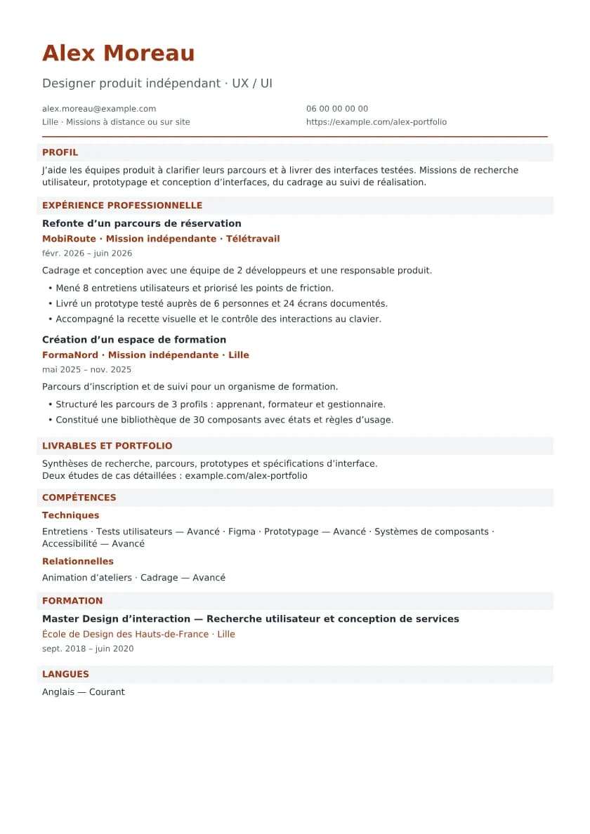 Première page du CV fictif : Freelance · Designer produit