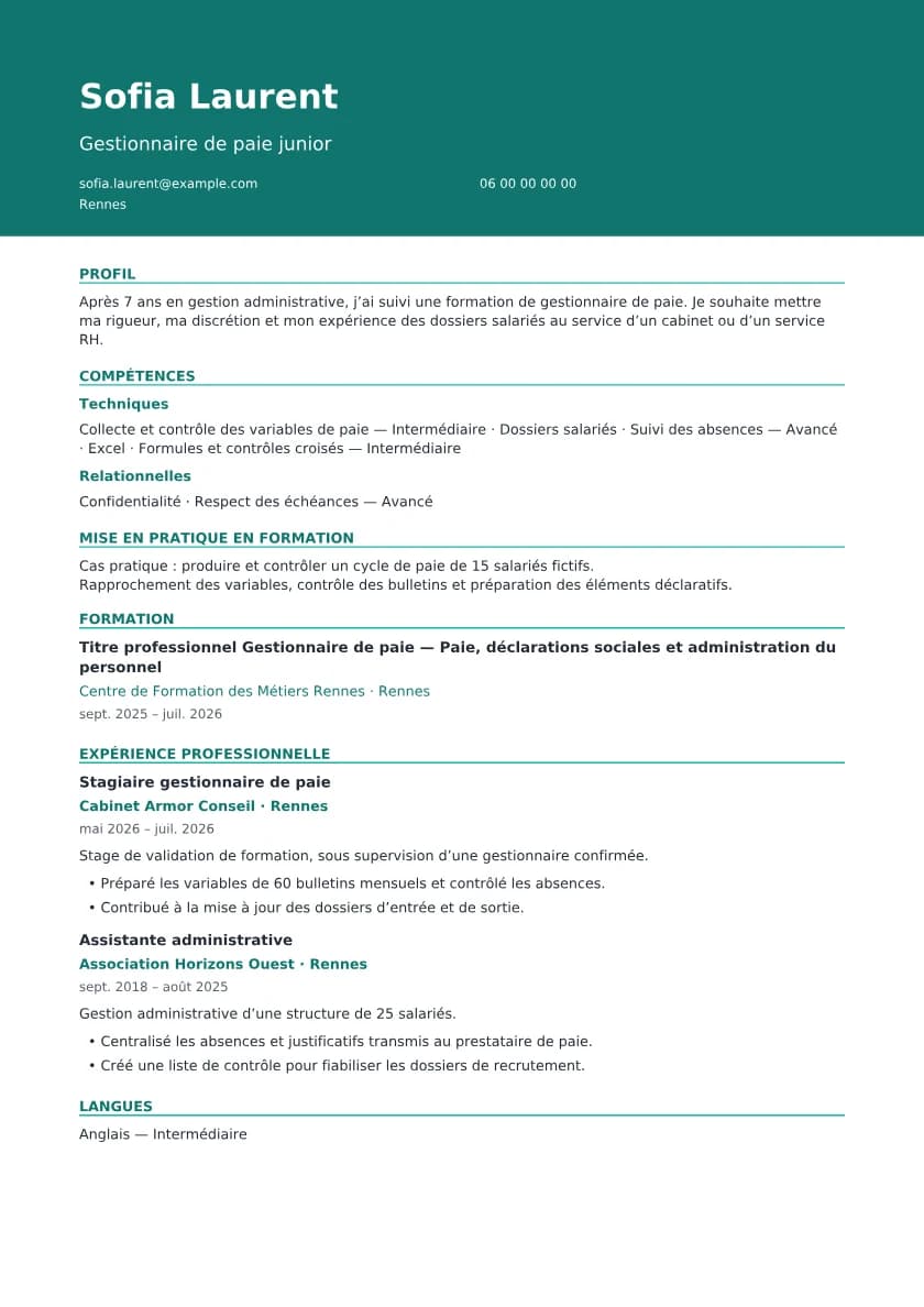 Première page du CV fictif : Reconversion · Gestionnaire de paie