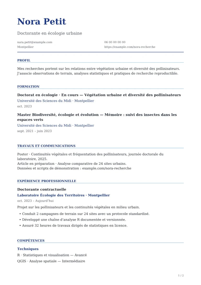 Première page du CV fictif : Recherche · Doctorante en écologie