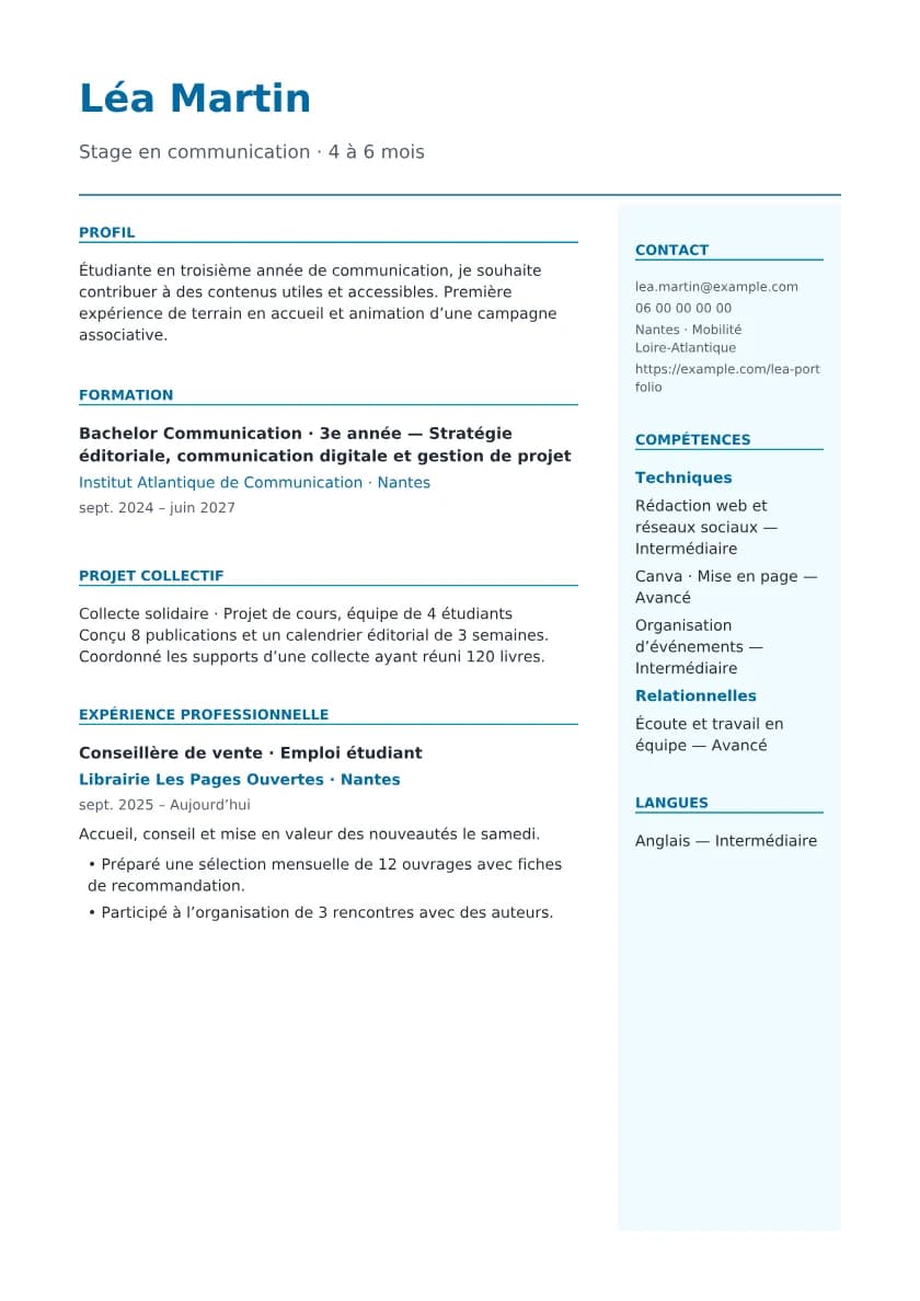 Première page du CV fictif : Stage · Étudiante en communication