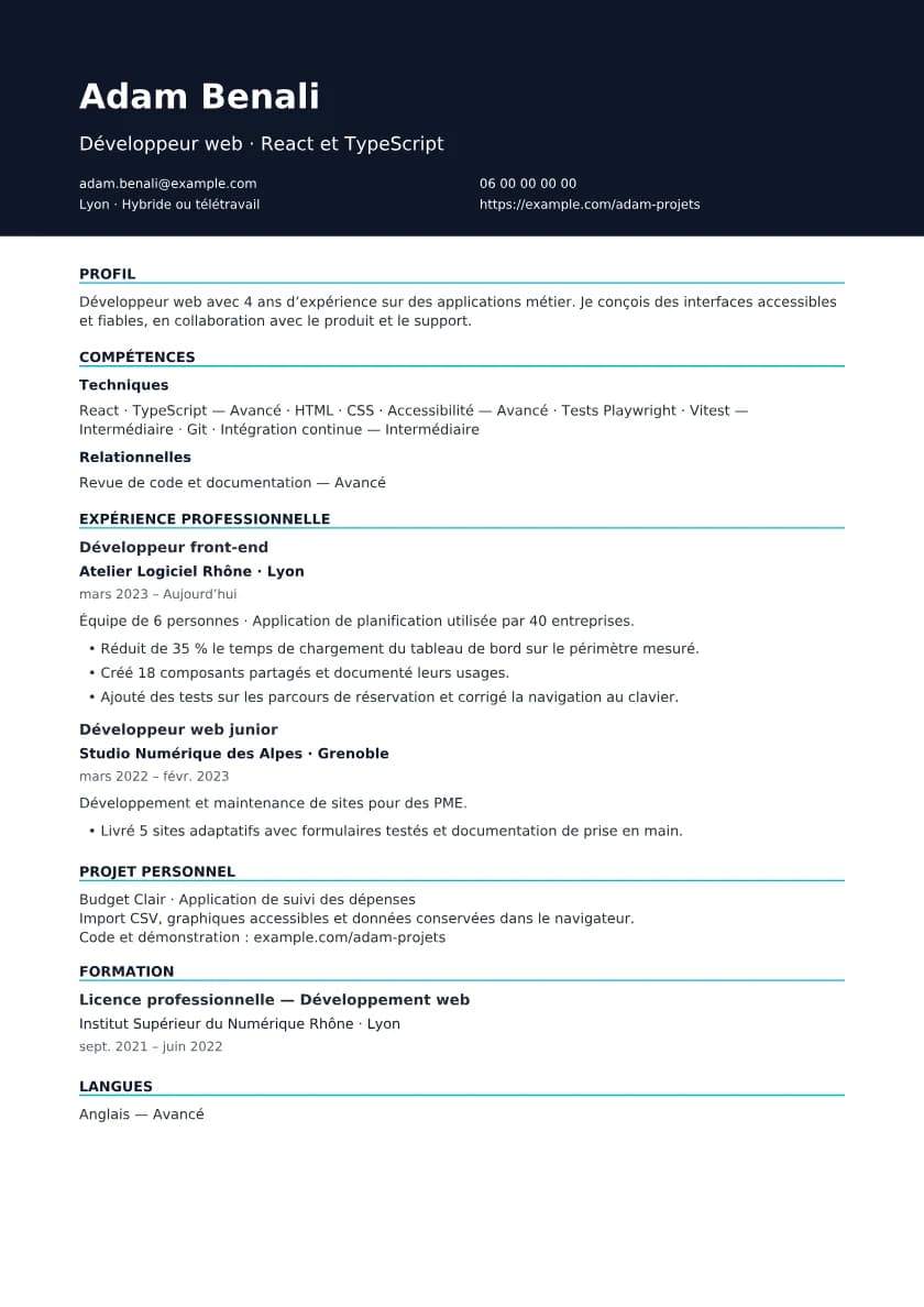 Première page du CV fictif : Tech · Développeur web
